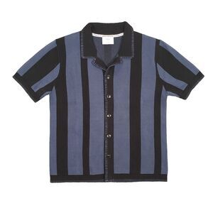 New! Percival Knitted Stripe‎ Cuban Shirt Mens Medium Blue Black Camp Summer